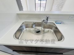 広々とした凸型シンクに洗剤ポケットを標準装備。大きなお鍋など洗いやすいです。洗剤や石鹸、スポンジもすっきりできる収納付き。