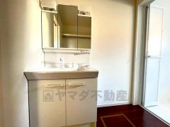 同仕様写真。三面鏡つき洗面台。収納も一体型になっているので、ドライヤーやヘアアイロンの置き場に困りませんね。