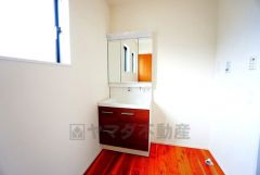 レバーシャワーで引き出して使用できます。収納も一体型になっているので、ドライヤーやヘアアイロンの置き場に困りませんね。