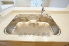 広々とした凸型シンクに洗剤ポケットを標準装備。大きなお鍋など洗いやすいです。洗剤や石鹸、スポンジもすっきりできる収納付き。