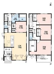 4ＬＤＫとウォークインクローゼットでゆとりのある暮らしが実現。リビングは19帖以上の開放感あふれる空間です。2階は洋室が3部屋あるので、お子様が大きくなっても安心ですね＾＾