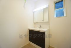 三面鏡つき洗面台。収納も一体型になっているので、ドライヤーやヘアアイロンの置き場に困りませんね。