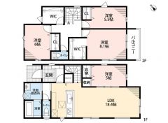 約18.4帖のLDKには約5帖の洋室が隣接しており、普段は繋げて広々と使えます＾＾ 2階にはファミリークローク付き＾＾約8.1帖の主寝室にはWIC＾＾