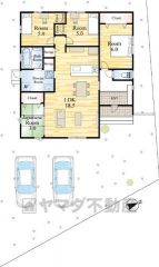 1号地。駐車スペースはゆとりある2台分を確保。マイカー用に、お客さま用に、余裕を持ってご利用いただけます。