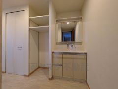 レバーシャワーで引き出して使用できます。収納もついていて、ドライヤーやヘアアイロンの置き場に困りませんね。