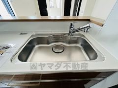広々とした凸型シンクに洗剤ポケットを標準装備。大きなお鍋など洗いやすいです。洗剤や石鹸、スポンジもすっきりできる収納付き。