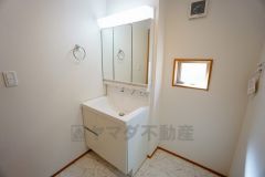 同仕様写真。シャワーホース付のシャンプードレッサー。鏡付きで毎朝の支度もはかどります。歯みがきセットや化粧品もきれいに整頓できますよ。