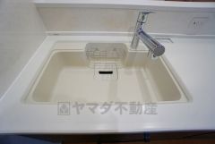 広々とした凸型シンクに洗剤ポケットを標準装備。大きなお鍋など洗いやすいです。洗剤や石鹸、スポンジもすっきりできる収納付き。