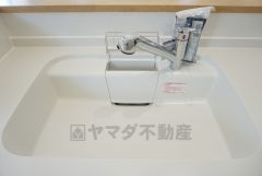 同仕様写真。広々とした凸型シンクに洗剤ポケットを標準装備。大きなお鍋など洗いやすいです。洗剤や石鹸、スポンジもすっきりできる収納付き。