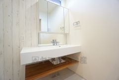 レバーシャワーで引き出して使用できます。収納も一体型になっているので、ドライヤーやヘアアイロンの置き場に困りませんね。