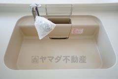 同仕様写真。広々とした凸型シンクに洗剤ポケットを標準装備。大きなお鍋など洗いやすいです。洗剤や石鹸、スポンジもすっきりできる収納付き。