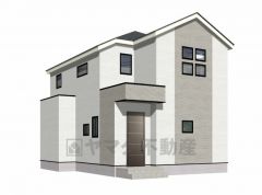 （1号棟）完成予想図。 ホワイトを基調としたシンプルで飽きの来ない外観です。土地面積は広々57坪以上。