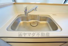 広々とした凸型シンクに洗剤ポケットを標準装備。大きなお鍋など洗いやすいです。洗剤や石鹸、スポンジもすっきりできる収納付き。