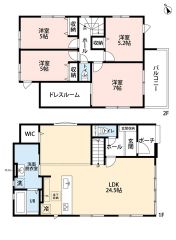 約24.5帖のLDKにはリビング階段採用＾＾主寝室には大容量の納戸を確保しました＾＾居室は2面採光を確保しており明るく開放的＾＾
