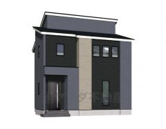 （2号棟）完成予想図。ネイビーを基調としたシンプルで飽きの来ない外観です。流行に左右されないベーシックなカラーリングは、永住にふさわしい佇まいです。