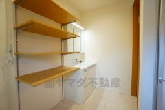 レバーシャワーで引き出して使用できます。収納も一体型になっているので、ドライヤーやヘアアイロンの置き場に困りませんね。