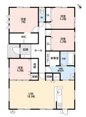 オールフローリングの4LDK平屋＾＾洗面脱衣室から出入りできる家事室にはカウンター付き＾＾約7帖の主寝室に大容量のWIC＾＾