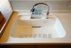 同仕様写真。広々とした凸型シンクに洗剤ポケットを標準装備。大きなお鍋など洗いやすいです。洗剤や石鹸、スポンジもすっきりできる収納付き。