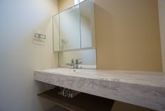 レバーシャワーで引き出して使用できます。収納も一体型になっているので、ドライヤーやヘアアイロンの置き場に困りませんね。