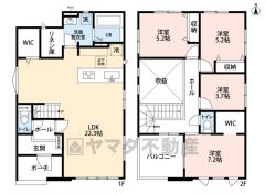 敷地面積63坪以上＾＾LDK広々22.3帖＾＾ 陽当たり良い南向き。リビング3面採光＾＾ 南面バルコニー・WIC2ヵ所有＾＾ ご家族のコミュニケーションが増えるリビング階段です＾＾