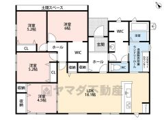 LDK広々約18帖。 生活導線の良い平屋住宅。 WIC・ファミリークローク・スタディーカウンター・土間スペース・パントリー有。 全居室に収納有＾＾