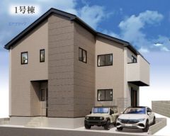 1号棟完成予想図。ブラウンを基調としたシンプルで飽きの来ない外観です。 流行に左右されないベーシックなカラーリングは、永住にふさわしい佇まいです。