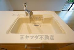 広々とした凸型シンクに洗剤ポケットを標準装備。大きなお鍋など洗いやすいです。洗剤や石鹸、スポンジもすっきりできる収納付き。