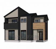 （1号棟）完成予想図。ブラック・グレーを基調としたシンプルで飽きの来ない外観です。建物ごとに間取りや色味が異なりますので、ぜひ一度現地で見比べてください。