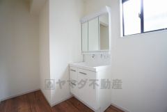 収納が隠れて使いやすい、シャワー付き三面鏡洗面ドレッサーです。朝の準備もぬかりなくできます。
