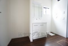 レバーシャワーで引き出して使用できます。収納も一体型になっているので、ドライヤーやヘアアイロンの置き場に困りませんね。