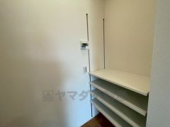 キッチン横パントリー。まとめ買いした食品やインターネットでケース購入した飲料水なども、ストックしておくのに便利です。