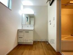 レバーシャワーで引き出して使用できます。収納も一体型になっているので、ドライヤーやヘアアイロンの置き場に困りませんね。