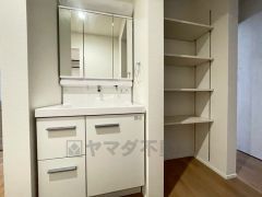 すっきり収納できる三面鏡付き洗面台。内側にコンセントがあり大きめの家電も充電しながら収納ができます。レバーシャワーで引き出して使用できます。