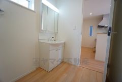 レバーシャワーで引き出して使用できます。収納も一体型になっているので、ドライヤーやヘアアイロンの置き場に困りませんね。