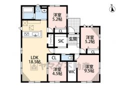 LDK広々18.5帖。 平屋で生活導線が良い間取りです＾＾ 全居室収納有。全居室掃除しやすいフローリング＾＾ WIC・パントリー有＾＾