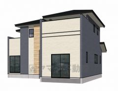 （1号棟）完成予想図。グレー・ベージュを基調としたシンプルで飽きの来ない外観です。 ゆとりある住環境が実現＾＾