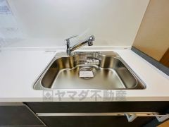 広々とした凸型シンクに洗剤ポケットを標準装備。大きなお鍋など洗いやすいです。洗剤や石鹸、スポンジもすっきりできる収納付き。