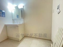 三面鏡つき洗面台。収納も一体型になっているので、ドライヤーやヘアアイロンの置き場に困りませんね。