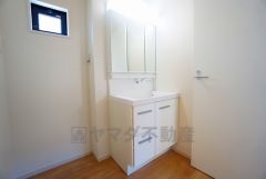 レバーシャワーで引き出して使用できます。収納も一体型になっているので、ドライヤーやヘアアイロンの置き場に困りませんね。