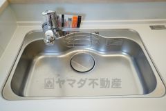 同仕様写真。広々とした凸型シンクに洗剤ポケットを標準装備。大きなお鍋など洗いやすいです。洗剤や石鹸、スポンジもすっきりできる収納付き。