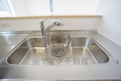 広々とした凸型シンクに洗剤ポケットを標準装備。大きなお鍋など洗いやすいです。洗剤や石鹸、スポンジもすっきりできる収納付き。