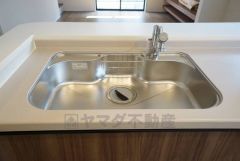 広々とした凸型シンクに洗剤ポケットを標準装備。大きなお鍋など洗いやすいです。洗剤や石鹸、スポンジもすっきりできる収納付き。