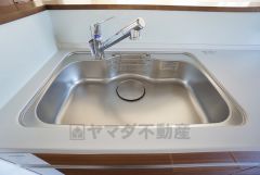 広々とした凸型シンクに洗剤ポケットを標準装備。大きなお鍋など洗いやすいです。洗剤や石鹸、スポンジもすっきりできる収納付き。