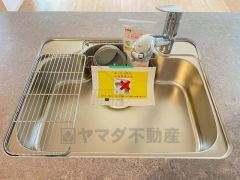 広々とした凸型シンクに洗剤ポケットを標準装備。大きなお鍋など洗いやすいです。洗剤や石鹸、スポンジもすっきりできる収納付き。