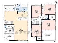 家族が集まるLDKは約21.7帖の大空間。全居室5帖以上＆WIC付きで、収納力も兼ね備えた4LDKプランです。