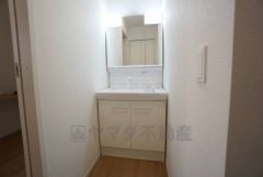 三面鏡つき洗面台。収納も一体型になっているので、ドライヤーやヘアアイロンの置き場に困りませんね。