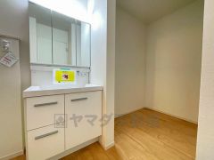 三面鏡つき洗面台。収納も一体型になっているので、ドライヤーやヘアアイロンの置き場に困りませんね。