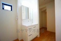 レバーシャワーで引き出して使用できます。収納も一体型になっているので、ドライヤーやヘアアイロンの置き場に困りませんね。