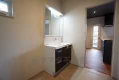 レバーシャワーで引き出して使用できます。収納も一体型になっているので、ドライヤーやヘアアイロンの置き場に困りませんね。