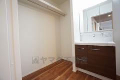 収納が隠れて使いやすい、シャワー付き三面鏡洗面ドレッサーです。朝の準備もぬかりなくできます。